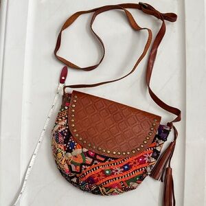 Bohemian Multicolor Crossbody Bag with Brown Leather